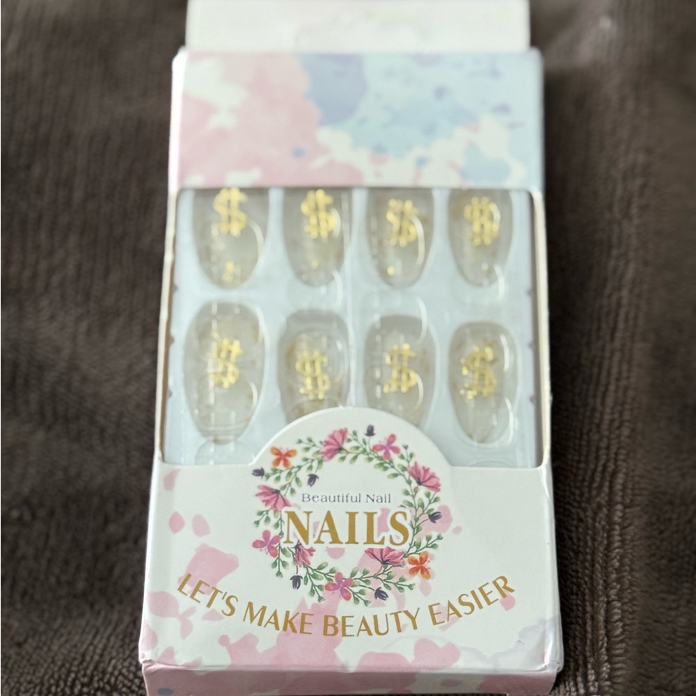 Gold Dollar Sign Press On Nails Glitter Money Set